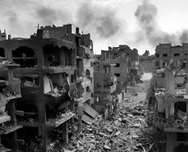 war torn street in black and white